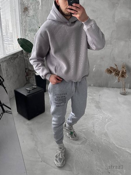 Чоловіче oversize худі зі стразами у сірому кольорі straz3 фото