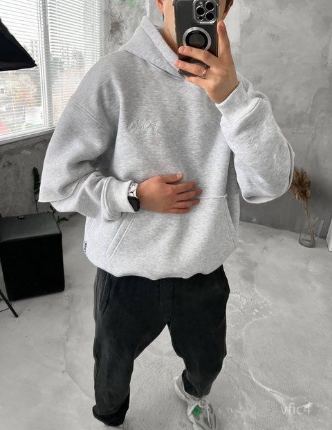 Мужское oversize худи на флисе в светло-сером цвете vfic4 фото