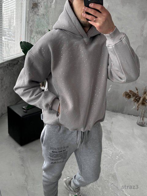 Чоловіче oversize худі зі стразами у сірому кольорі straz3 фото