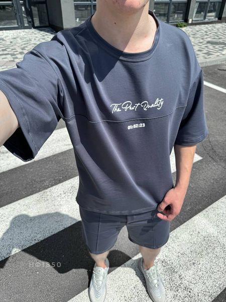 Чоловічий oversize костюм футболка + шорти у темно-сірому кольорі нф1850 фото