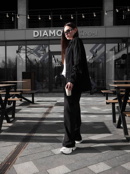 Жіночий oversize комплект сорочка + штани у чорному кольорі ri1 фото