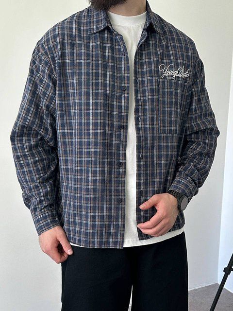 Мужская oversize рубашка в клетку в синем цвете vm911-S фото