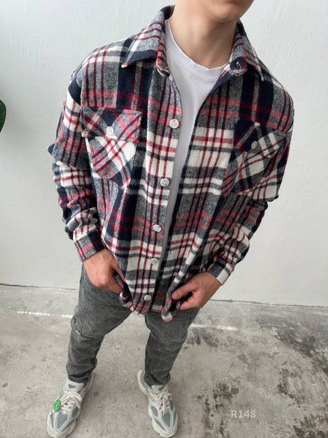 Мужская байковая oversize рубашка в клетку r148 фото
