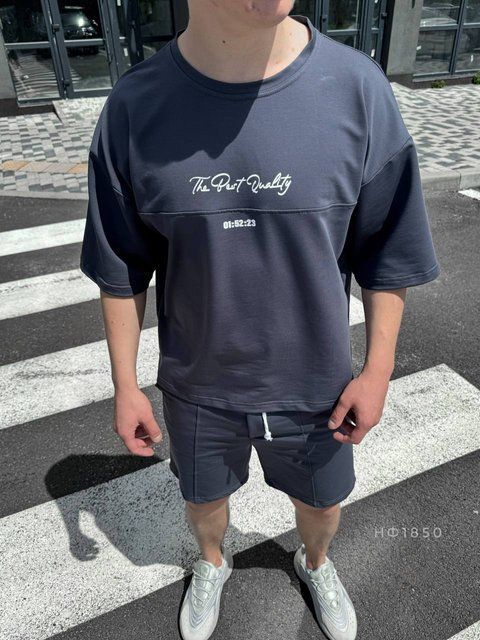 Чоловічий oversize костюм футболка + шорти у темно-сірому кольорі нф1850 фото