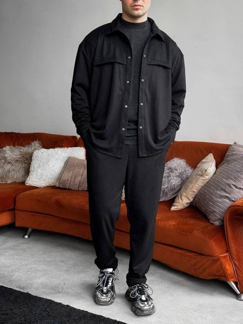 Чоловічий oversize костюм сорочка + штани у чорному кольорі rb7 фото