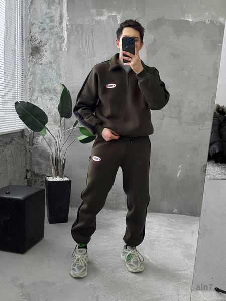 Мужской oversize костюм на флисе в цвете хаки aln7k фото
