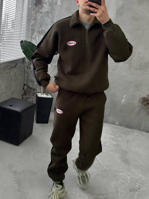 Чоловічий oversize костюм на флісі у кольорі хакі aln7k фото
