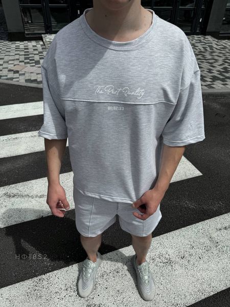 Чоловічий oversize костюм футболка + шорти у світло-сірому кольорі нф1852 фото