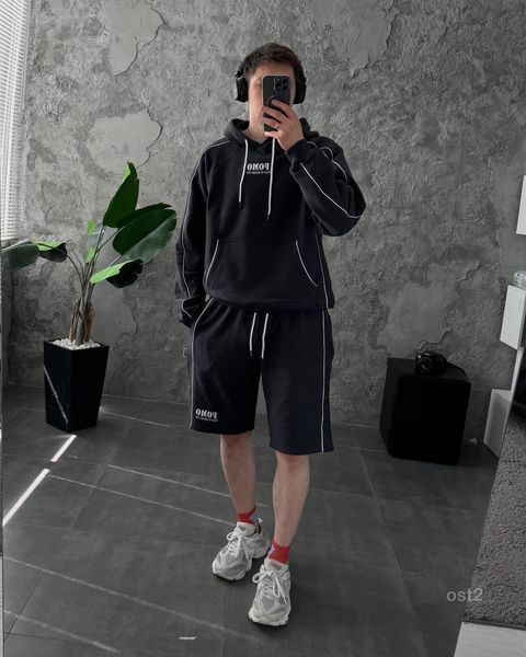 Чоловічий oversize костюм худі+шорти у графітовому кольорі ost2-S фото
