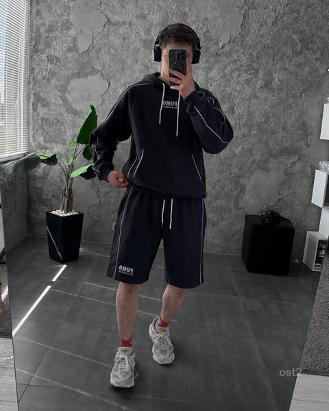 Чоловічий oversize костюм худі+шорти у графітовому кольорі ost2-S фото