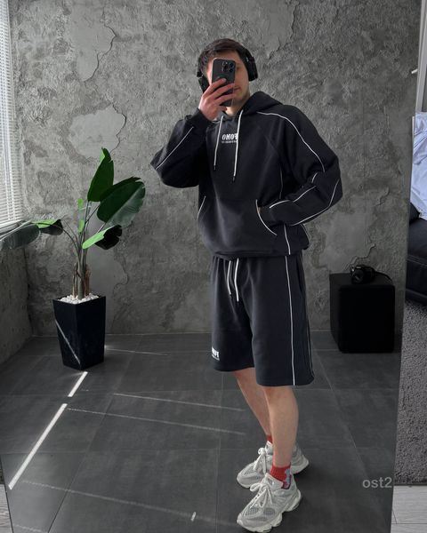 Чоловічий oversize костюм худі+шорти у графітовому кольорі ost2-S фото
