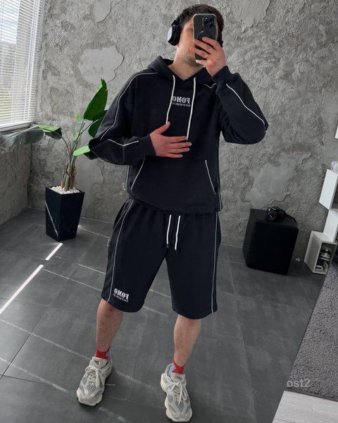 Чоловічий oversize костюм худі+шорти у графітовому кольорі ost2-S фото