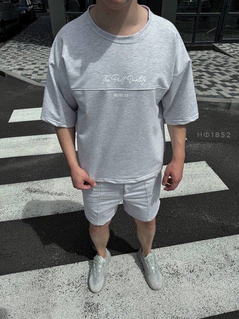 Чоловічий oversize костюм футболка + шорти у світло-сірому кольорі нф1852 фото