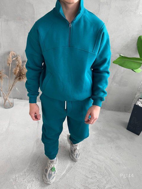 Чоловічий oversize костюм на флісі у зеленому кольорі pgt14n фото