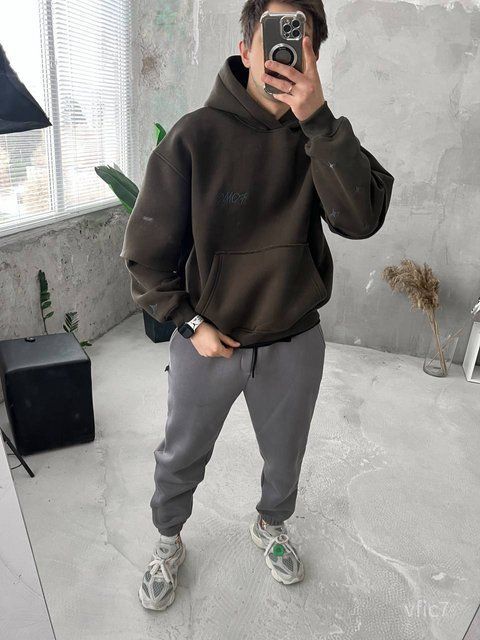 Мужское oversize худи на флисе в цвете хаки vfic7 фото