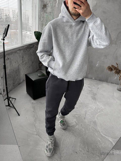 Чоловіче oversize худі зі стразами у світло-сірому кольорі straz4 фото